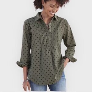Sundance Lively Days Popover Tunic Top Olive Green Black Polka Dot Cotton Medium
